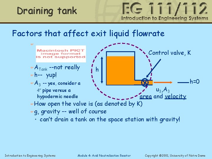 Draining tank Factors that affect exit liquid flowrate F Control valve, K FATank --not