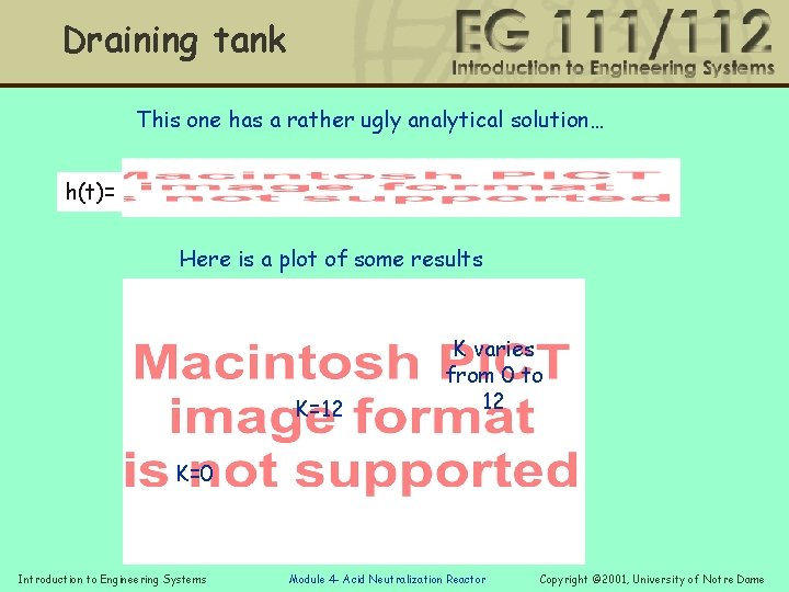 Draining tank This one has a rather ugly analytical solution… h(t)= Here is a