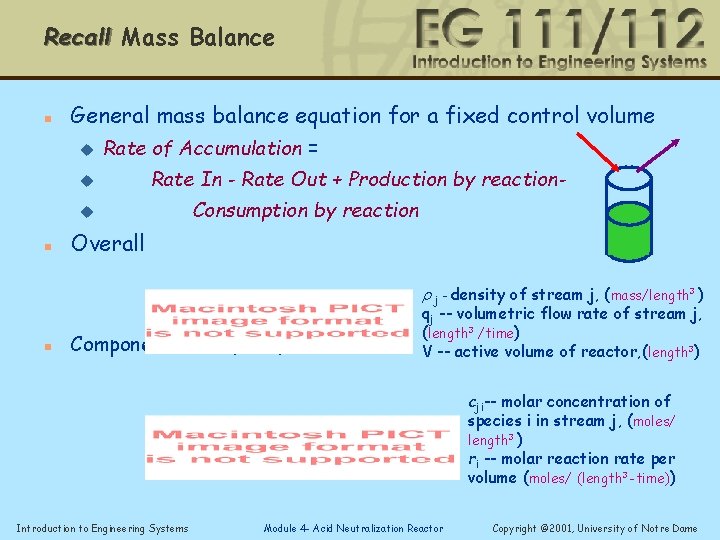 Recall Mass Balance n General mass balance equation for a fixed control volume u