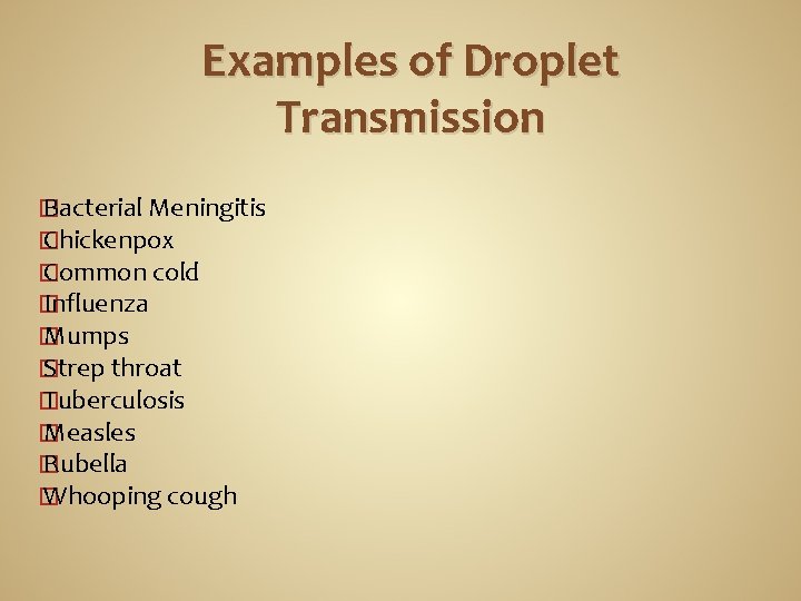 Examples of Droplet Transmission � Bacterial Meningitis � Chickenpox � Common cold � Influenza Examples of Droplet Transmission � Bacterial Meningitis � Chickenpox � Common cold � Influenza