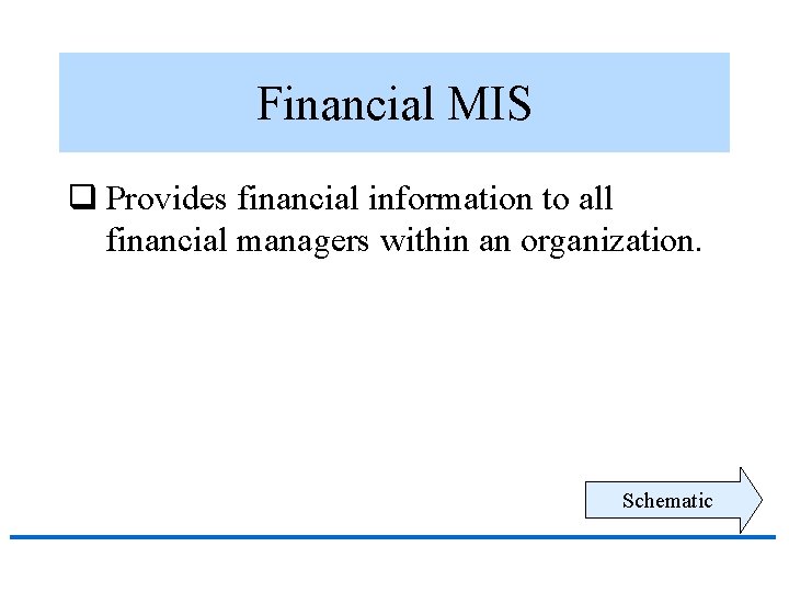 Financial MIS q Provides financial information to all financial managers within an organization. Schematic