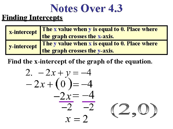 Notes Over 4. 3 Finding Intercepts x-intercept The x value when y is equal Notes Over 4. 3 Finding Intercepts x-intercept The x value when y is equal
