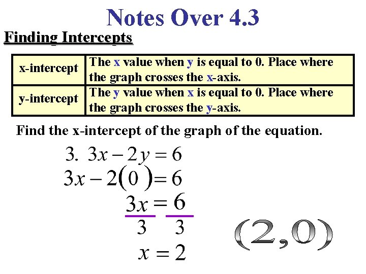 Notes Over 4. 3 Finding Intercepts x-intercept The x value when y is equal Notes Over 4. 3 Finding Intercepts x-intercept The x value when y is equal