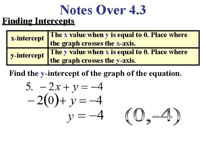 Notes Over 4. 3 Finding Intercepts x-intercept The x value when y is equal Notes Over 4. 3 Finding Intercepts x-intercept The x value when y is equal