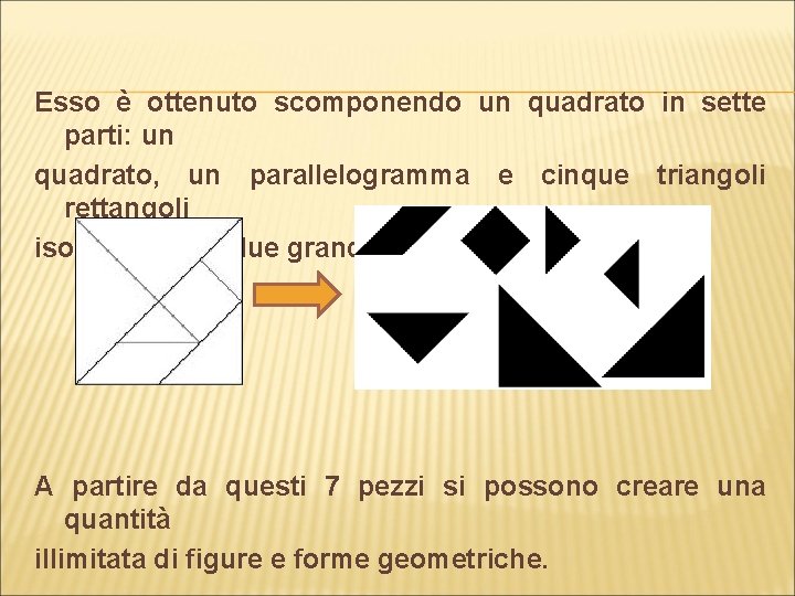 Esso è ottenuto scomponendo un quadrato in sette parti: un quadrato, un parallelogramma e