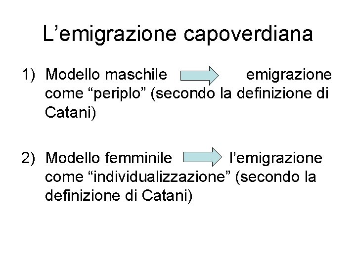 L’emigrazione capoverdiana 1) Modello maschile emigrazione come “periplo” (secondo la definizione di Catani) 2)