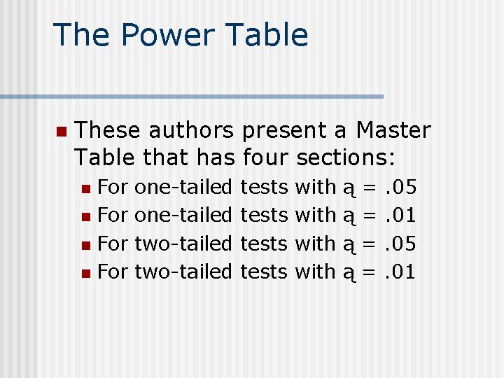 The Power Table n These authors present a Master Table that has four sections: The Power Table n These authors present a Master Table that has four sections: