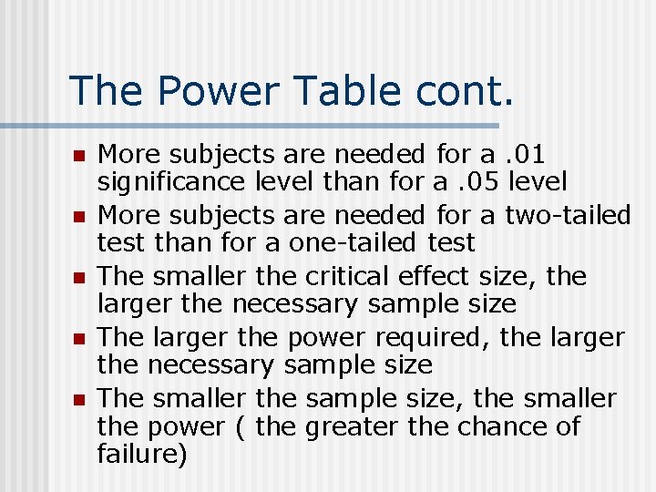 The Power Table cont. n n n More subjects are needed for a. 01 The Power Table cont. n n n More subjects are needed for a. 01