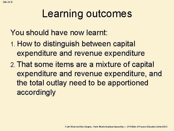 Slide 24. 10 Learning outcomes You should have now learnt: 1. How to distinguish