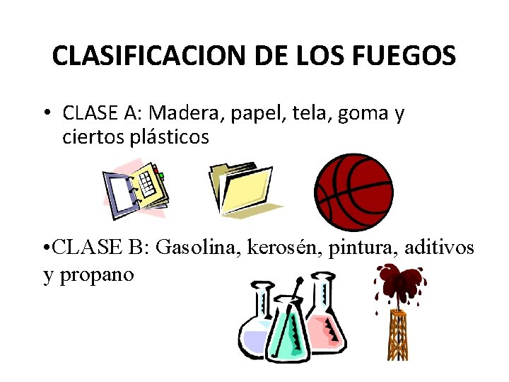 CLASIFICACION DE LOS FUEGOS • CLASE A: Madera, papel, tela, goma y ciertos plásticos