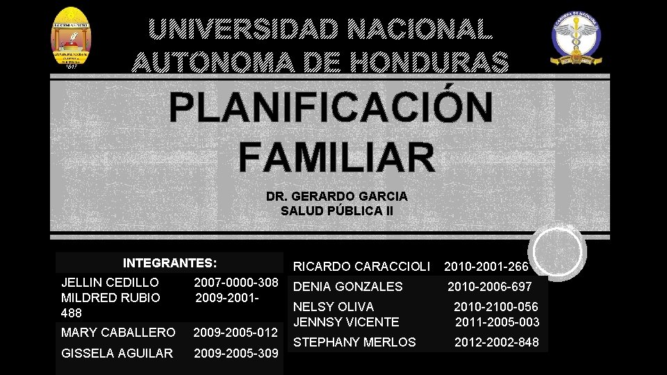 UNIVERSIDAD NACIONAL AUTÓNOMA DE HONDURAS PLANIFICACIÓN FAMILIAR DR. GERARDO GARCIA SALUD PÚBLICA II INTEGRANTES: