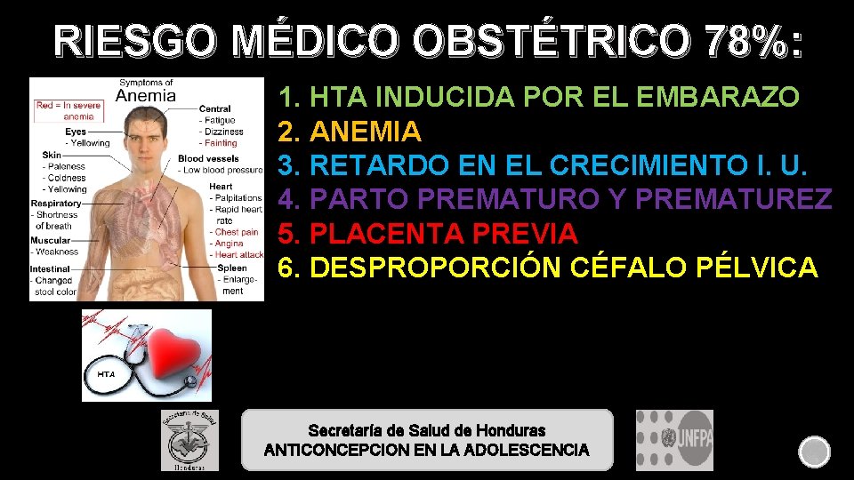 RIESGO MÉDICO OBSTÉTRICO 78%: 1. HTA INDUCIDA POR EL EMBARAZO 2. ANEMIA 3. RETARDO