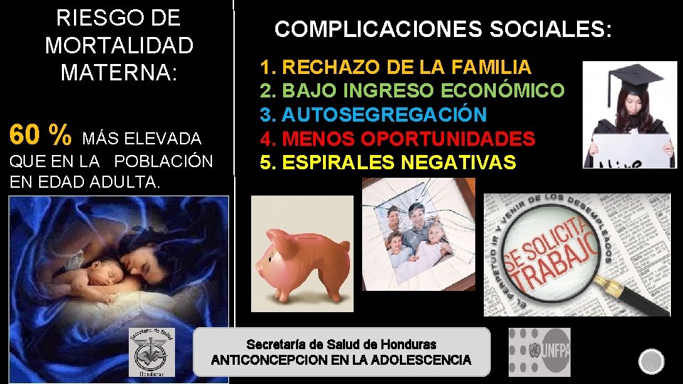 RIESGO DE MORTALIDAD MATERNA: COMPLICACIONES SOCIALES: 60 % MÁS ELEVADA QUE EN LA POBLACIÓN RIESGO DE MORTALIDAD MATERNA: COMPLICACIONES SOCIALES: 60 % MÁS ELEVADA QUE EN LA POBLACIÓN