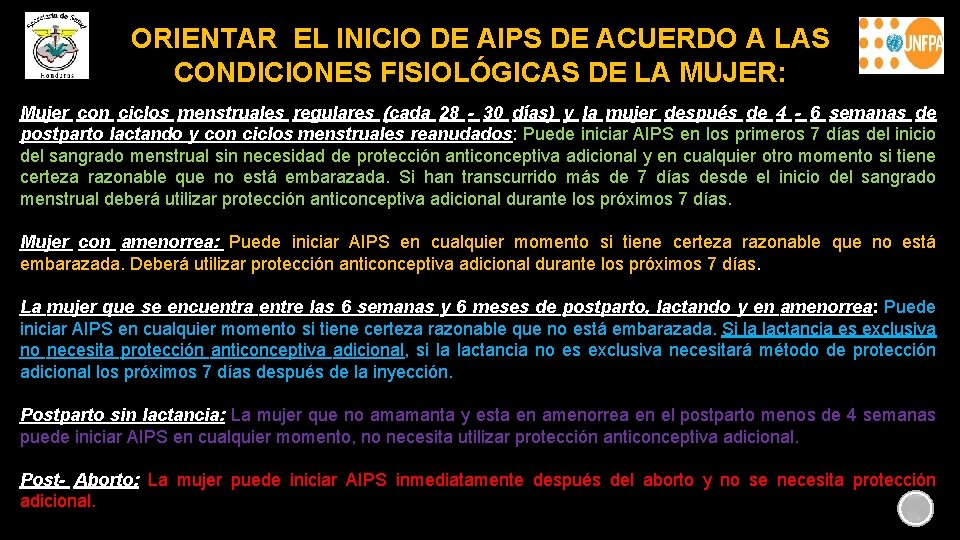 ORIENTAR EL INICIO DE AIPS DE ACUERDO A LAS CONDICIONES FISIOLÓGICAS DE LA MUJER: