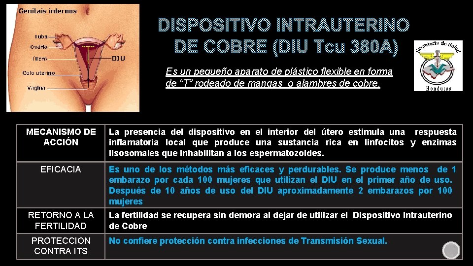 DISPOSITIVO INTRAUTERINO DE COBRE (DIU Tcu 380 A) Es un pequeño aparato de plástico