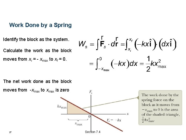 Work Done by a Spring Identify the block as the system. Calculate the work Work Done by a Spring Identify the block as the system. Calculate the work