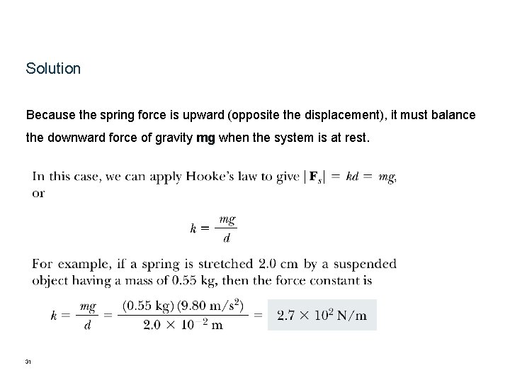 Solution Because the spring force is upward (opposite the displacement), it must balance the Solution Because the spring force is upward (opposite the displacement), it must balance the