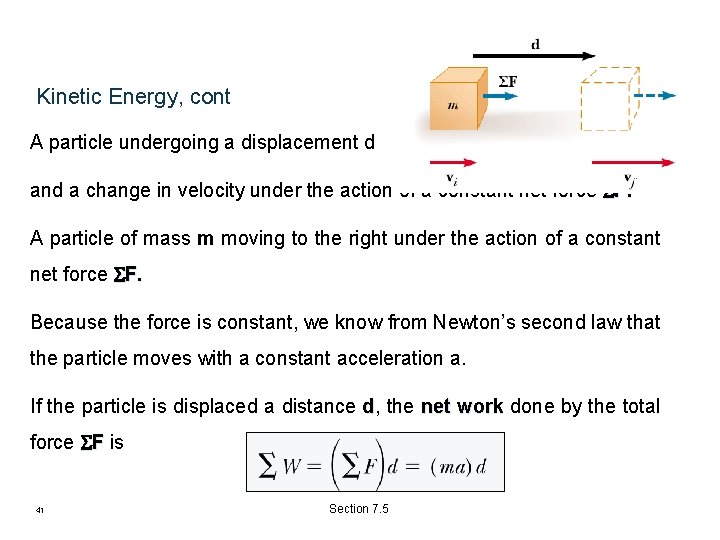 Kinetic Energy, cont A particle undergoing a displacement d and a change in velocity Kinetic Energy, cont A particle undergoing a displacement d and a change in velocity