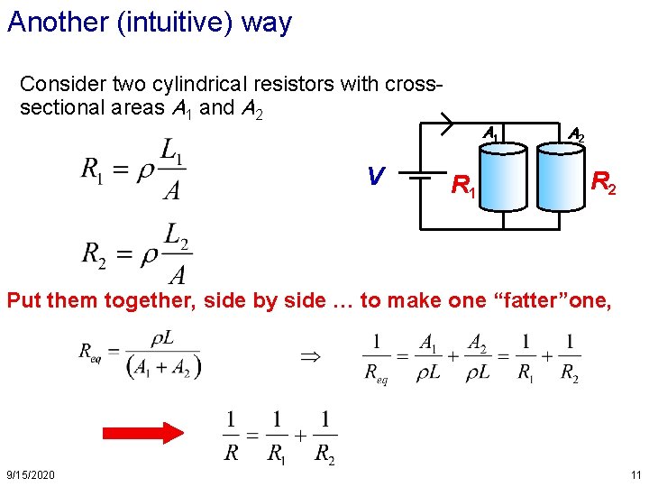 Another (intuitive) way Consider two cylindrical resistors with crosssectional areas A 1 and A Another (intuitive) way Consider two cylindrical resistors with crosssectional areas A 1 and A