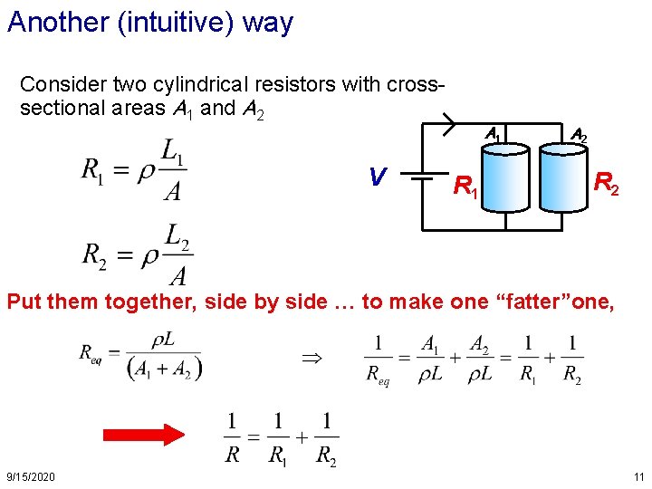 Another (intuitive) way Consider two cylindrical resistors with crosssectional areas A 1 and A