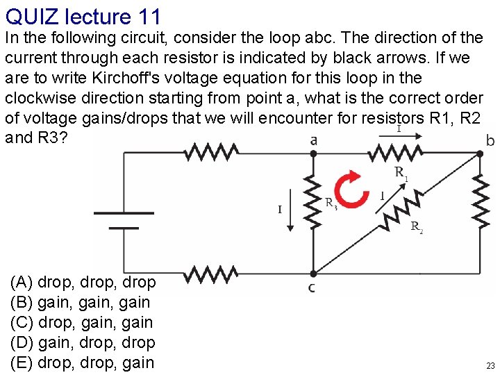 QUIZ lecture 11 In the following circuit, consider the loop abc. The direction of