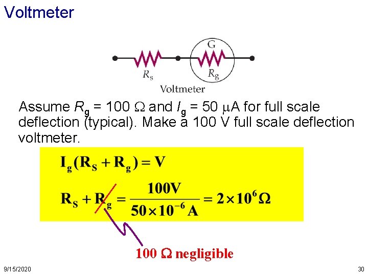 Voltmeter Assume Rg = 100 and Ig = 50 A for full scale deflection Voltmeter Assume Rg = 100 and Ig = 50 A for full scale deflection