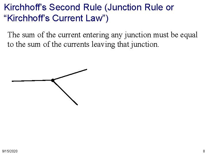 Kirchhoff’s Second Rule (Junction Rule or “Kirchhoff’s Current Law”) The sum of the current