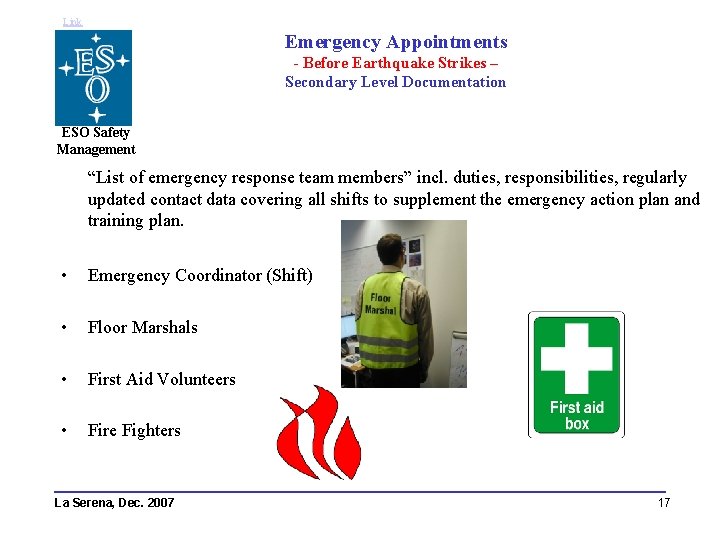 Link Emergency Appointments - Before Earthquake Strikes – Secondary Level Documentation ESO Safety Management