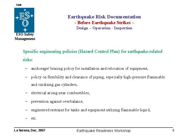 Link Earthquake Risk Documentation - Before Earthquake Strikes – Design – Operation - Inspection