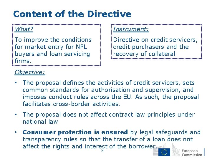 Content of the Directive What? Instrument: To improve the conditions for market entry for