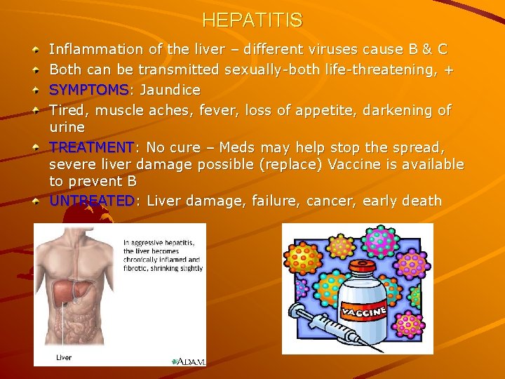 HEPATITIS Inflammation of the liver – different viruses cause B & C Both can