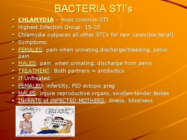 BACTERIA STI’s CHLAMYDIA – most common STI Highest Infection Group: 15 -20 Chlamydia outpaces