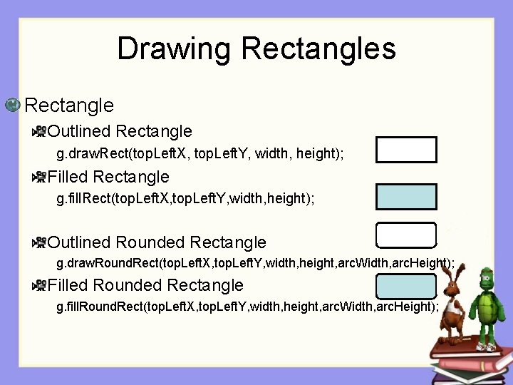 Drawing Rectangles Rectangle Outlined Rectangle g. draw. Rect(top. Left. X, top. Left. Y, width,