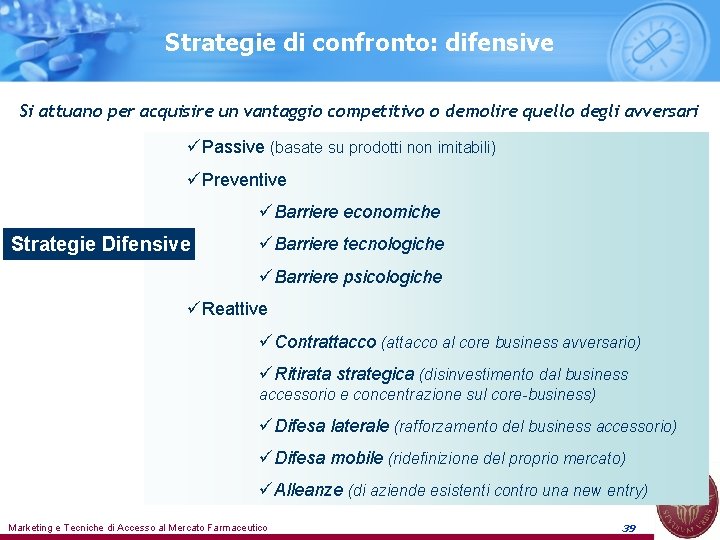 Strategie di confronto: difensive Si attuano per acquisire un vantaggio competitivo o demolire quello