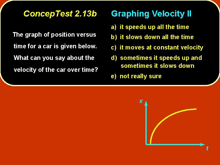 Concep. Test 2. 13 b Graphing Velocity II a) it speeds up all the