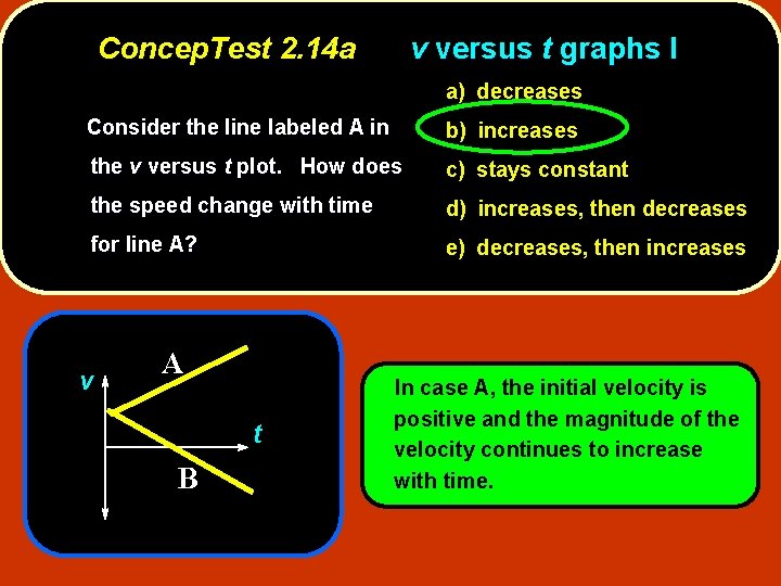 Concep. Test 2. 14 a v versus t graphs I a) decreases Consider the