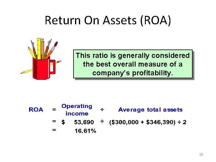 Return On Assets (ROA) This ratio is generally considered the best overall measure of