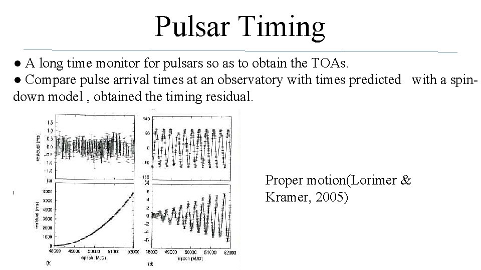 Pulsar Timing ● A long time monitor for pulsars so as to obtain the