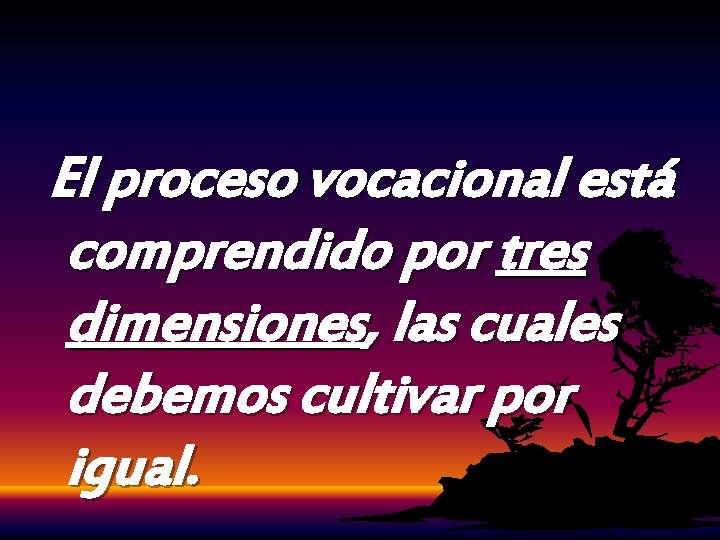 El proceso vocacional está comprendido por tres dimensiones, las cuales debemos cultivar por igual. El proceso vocacional está comprendido por tres dimensiones, las cuales debemos cultivar por igual.