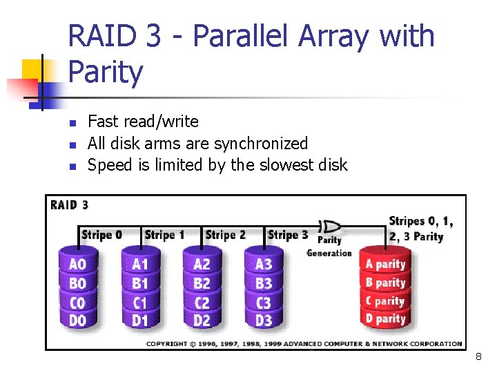 RAID 3 - Parallel Array with Parity n n n Fast read/write All disk