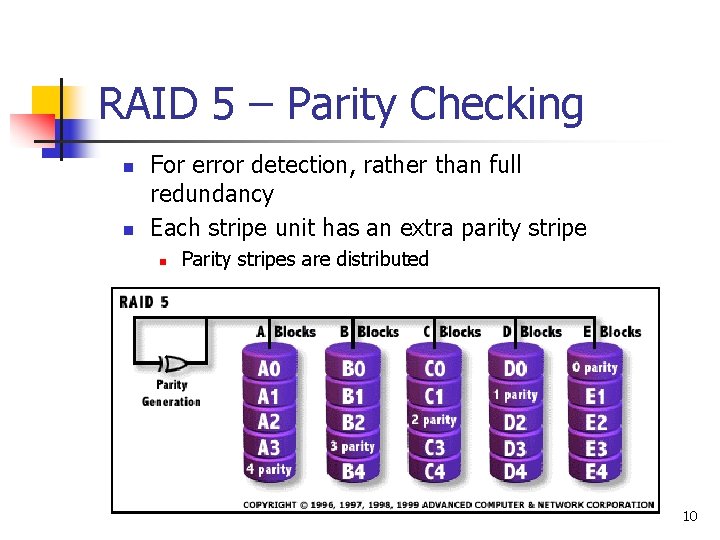 RAID 5 – Parity Checking n n For error detection, rather than full redundancy