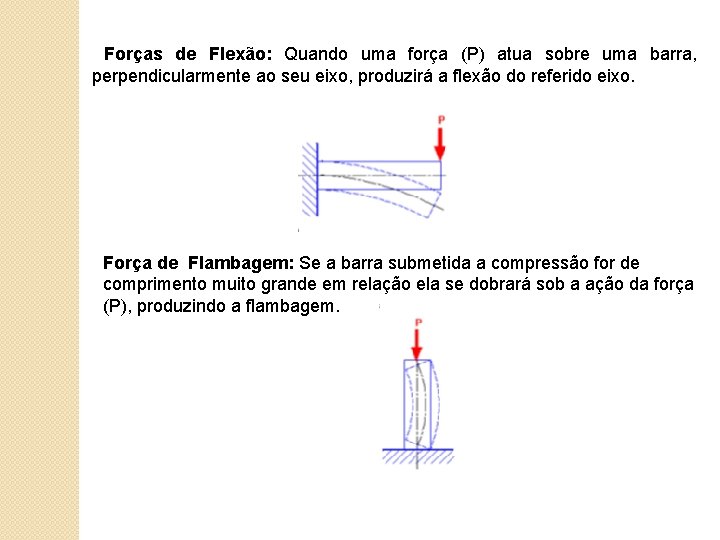 Forças de Flexão: Quando uma força (P) atua sobre uma barra, perpendicularmente ao seu Forças de Flexão: Quando uma força (P) atua sobre uma barra, perpendicularmente ao seu