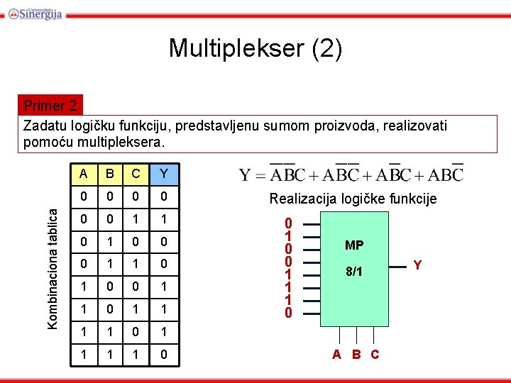 Multiplekser (2) Kombinaciona tablica Primer 2 Zadatu logičku funkciju, predstavljenu sumom proizvoda, realizovati pomoću