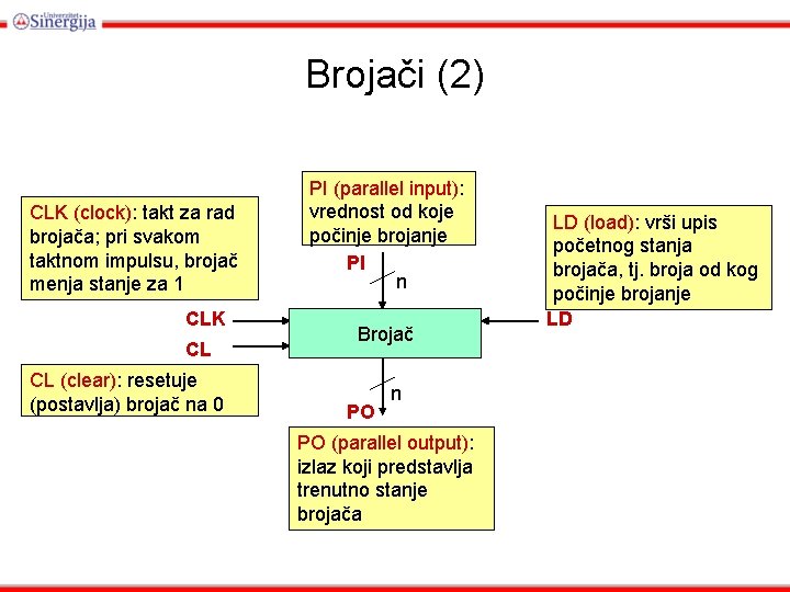 Brojači (2) CLK (clock): takt za rad brojača; pri svakom taktnom impulsu, brojač menja