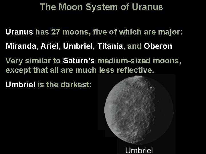 The Moon System of Uranus has 27 moons, five of which are major: Miranda,