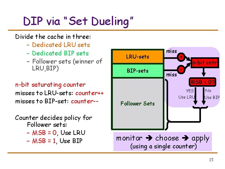 DIP via “Set Dueling” Divide the cache in three: – Dedicated LRU sets –