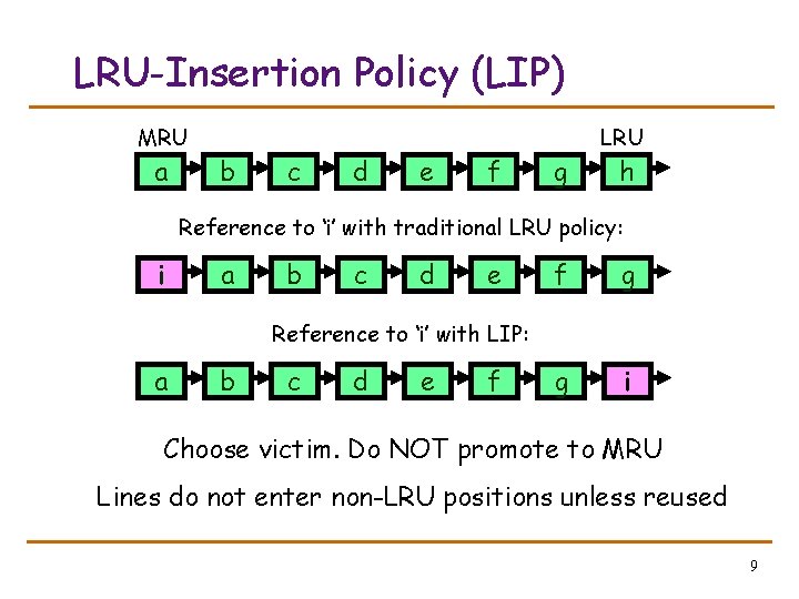 LRU-Insertion Policy (LIP) MRU a b c d e f g LRU h Reference