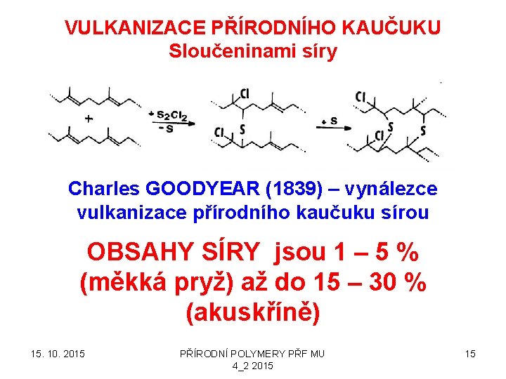 VULKANIZACE PŘÍRODNÍHO KAUČUKU Sloučeninami síry Charles GOODYEAR (1839) – vynálezce vulkanizace přírodního kaučuku sírou