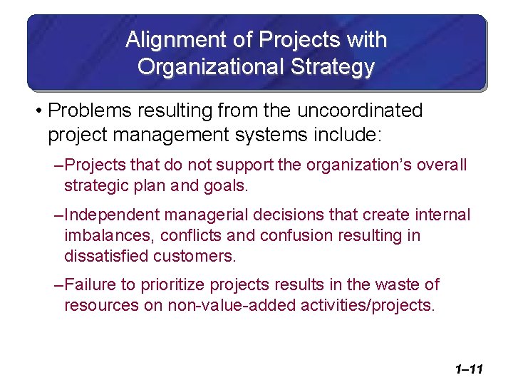 Alignment of Projects with Organizational Strategy • Problems resulting from the uncoordinated project management