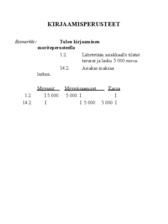 KIRJAAMISPERUSTEET Esimerkki: 1. 2. 14. 2. Tulon kirjaaminen suoriteperusteella 1. 2. Lähetetään asiakkaalle tilatut KIRJAAMISPERUSTEET Esimerkki: 1. 2. 14. 2. Tulon kirjaaminen suoriteperusteella 1. 2. Lähetetään asiakkaalle tilatut
